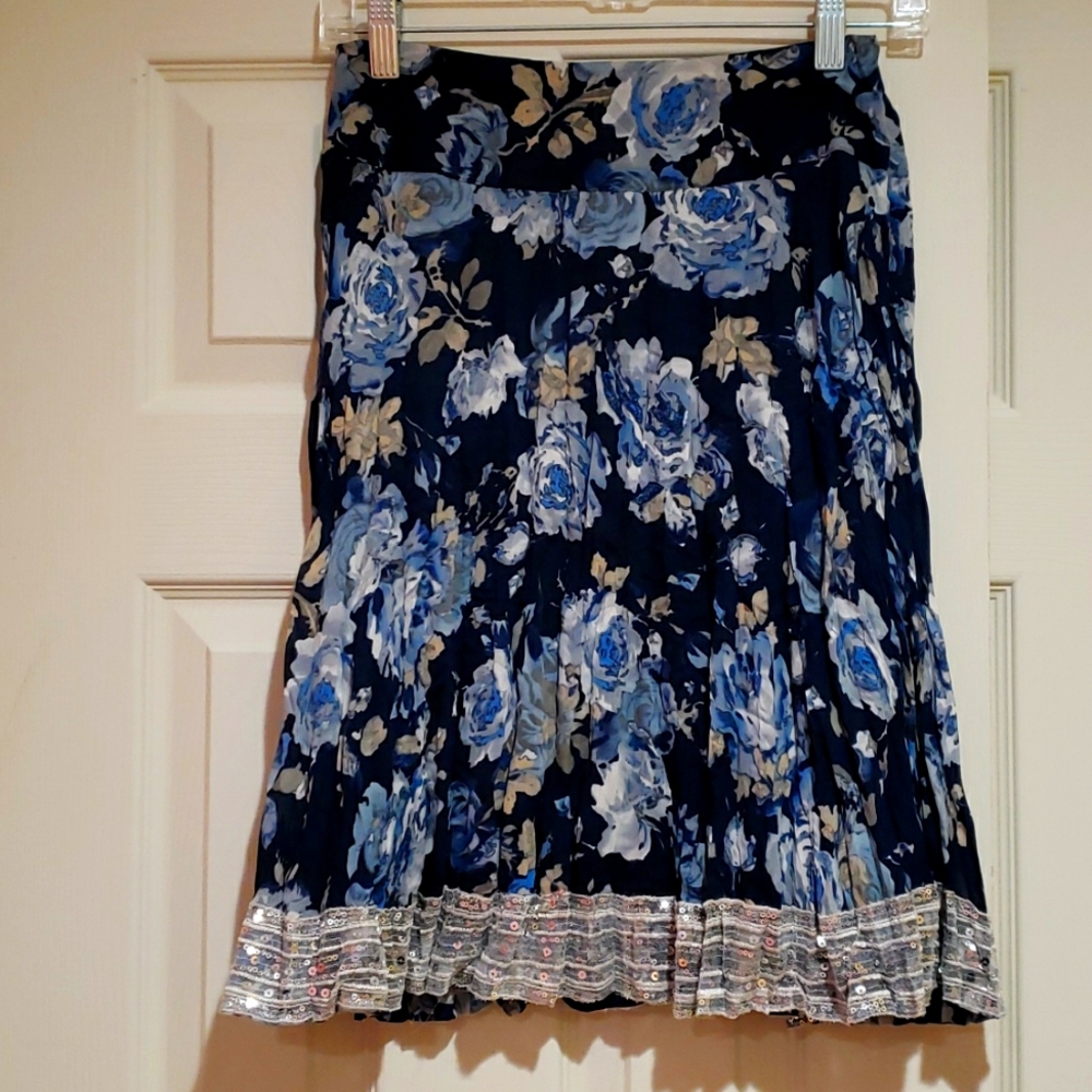 INC floral navy blue pleated skirt with light sequins